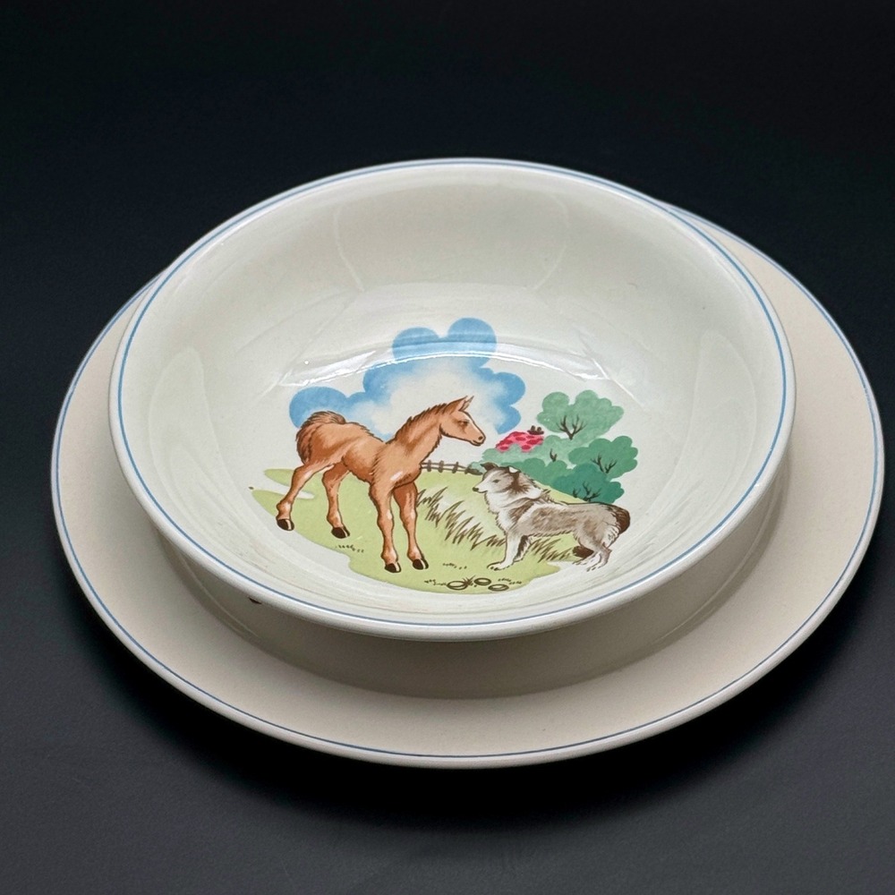 Pets Farm Copeland Spode Bowl Plate Set Kids Cream Blue Animal Vintage England